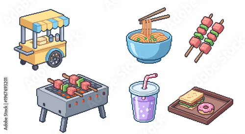 Isometric Pixel Art Street Food and Snacks Icon Set for Food Industry