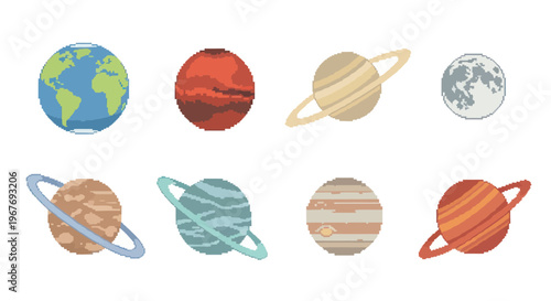Pixel Art Solar System Planets Collection for Space Education and Astronomy Illustration