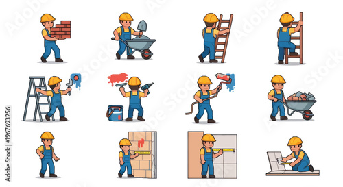Construction workers, builders, and tradespeople in various tasks, flat vector art