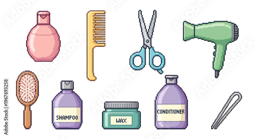 Pixel Art Hair Salon Tools: Shampoo, Conditioner, Comb, Dryer, Scissors