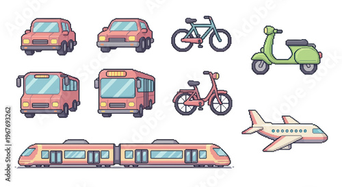 Pixel art transportation vehicle icon set. Retro 8bit cars, bus, train, airplane, and bicycles.