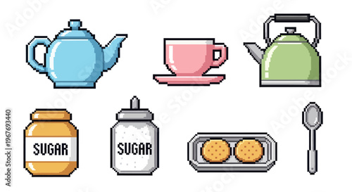 Retro pixel art cafe beverage icon set with teapot tea cup kettle sugar and cookies