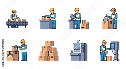 Flat Vector Icons of Factory Workers and Machinery in a Warehouse