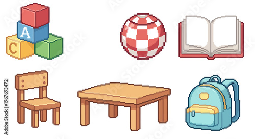 Pixel art preschool education icons set toys blocks ball book desk chair backpack