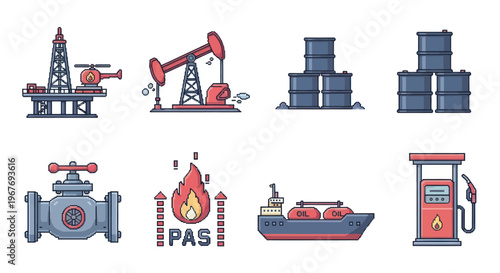 Oil and Gas Industry Flat Line Icon Set Rig Pumpjack Barrel Ship