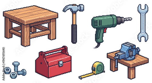 Pixel Art Tools Collection: Hammer, Drill, Wrench, Vise, Stool, Toolbox