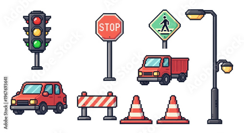 Pixel Art Traffic Set: Cars, Road Signs, Stoplight, and Cones for Automotive Transportation