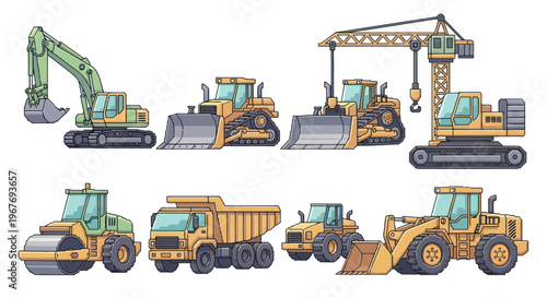 Construction equipment vector illustration: excavator, bulldozer, crane, truck, roller