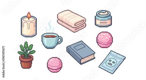 Pixel Art Isometric Relaxation Objects: Candle, Tea, Book, Spa