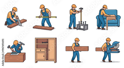 Carpenter worker illustration set vector flat style woodworking construction industry with tools.