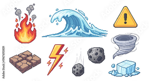 Pixel Art Natural Disaster and Element Icons Set for Games