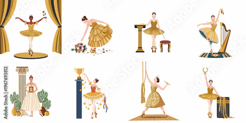 Set of eight vector illustrations depicting graceful ballerinas in gold costumes performing on stage and celebrating success.