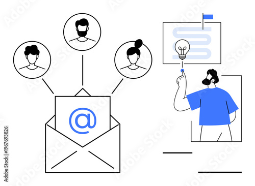 Email management, remote communication, teamwork, project planning, idea generation, brainstorming, digital workflows. Envelope with peoples connections and man pointing at project chart. Email