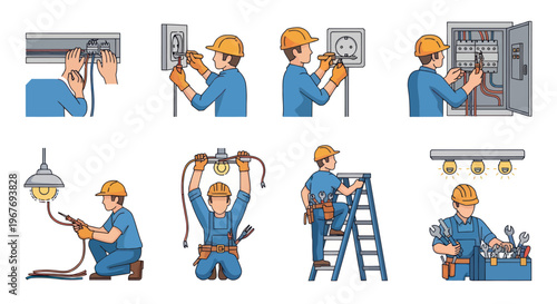 Electrical industry flat vector set of an electrician worker fixing wiring, panels and tools.