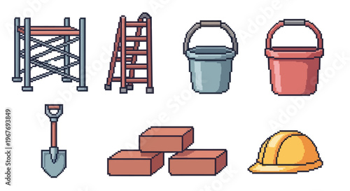 Pixel Art Construction Icons: Scaffolding, Ladder, Buckets, Shovel, Bricks, Helmet