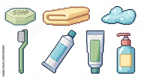 Pixel Art Bathroom Hygiene Objects - Soap, Towel, Toothbrush, Toothpaste