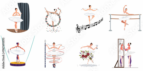 Diverse collection of graceful ballerina illustrations in various poses, including stage performances, practice sessions, and celebratory moments in elegant tutus.