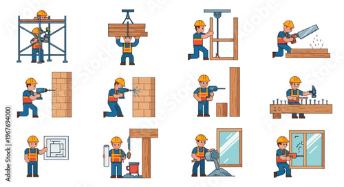 Construction workers building and assembling, vector illustration, flat design