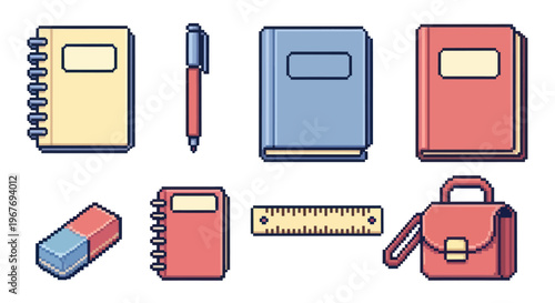 Pixel art school supplies icon set education objects notebook pen ruler bag retro 8-bit style
