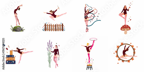 Collection of flat illustrations featuring women in leotards performing graceful gymnastics and ballet movements with various props and nature-inspired elements.