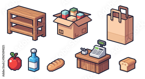Pixel Art Isometric Grocery Store Items - Shelf, Box, Bag, Cashier, Apple, Bread