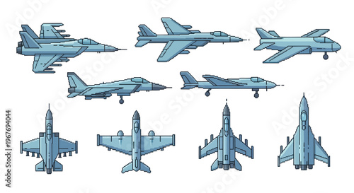 Pixel Art Fighter Jets Set, Military Aircraft Collection, Vector Icons