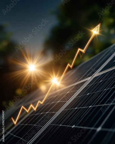 Sustainable Energy Progress: A close-up shot of solar panel, with an upward trending line, symbolizing the growth and advancement of sustainable energy and environmental consciousness.
