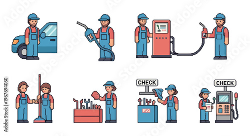 Gas Station Worker Icons: Refueling, Cleaning, Repairing, and Service