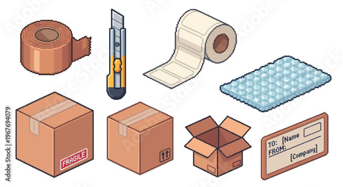 Shipping Supplies Isometric Icons: Boxes, Tape, Cutter, Bubble Wrap, Labels