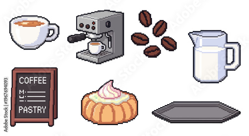 Pixel Art Coffee Shop Icons: Espresso Machine, Cup, Pastry, Milk, Tray