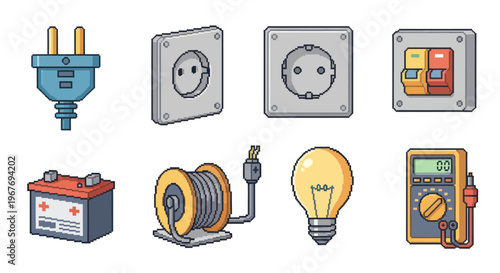 Pixel Art Electrical Icons: Plug, Socket, Breaker, Battery, Cable, Bulb, Multimeter