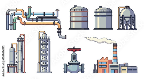 Pixel Art Industrial Equipment Set: Pipes, Tanks, Factory, Valve