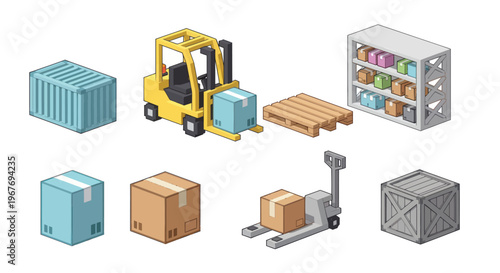 Isometric warehouse icons: forklift, pallet jack, boxes, shipping container, shelves