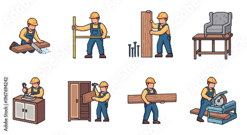 Carpenter Man Working with Wood Tools and Furniture - Flat Illustration