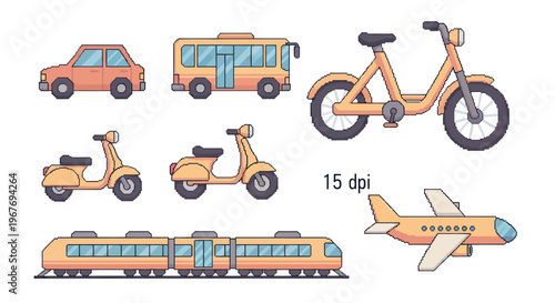 Pixel Art Vehicles Set: Car, Bus, Scooter, Bicycle, Train, Airplane