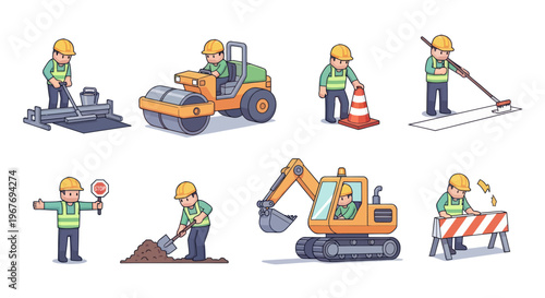 Construction Industry Road Work Equipment Cartoon Worker Flat Vector Illustration Set
