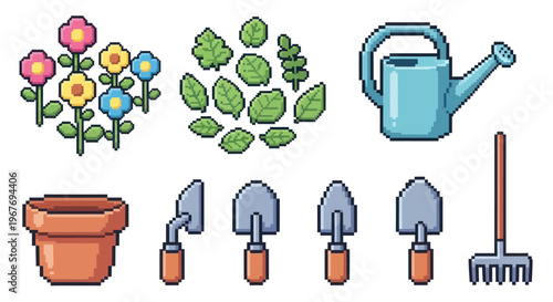 Pixel Art Gardening Tools and Elements - Flowers, Pot, Watering Can, Rake