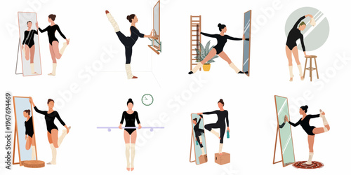 Set of Flat Vector Illustrations of a Ballerina Practicing Dance and Stretching Poses in Front of a Mirror and at a Barre