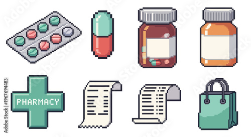 Pixel art pharmacy icons: pills, bottles, cross, receipt, bag