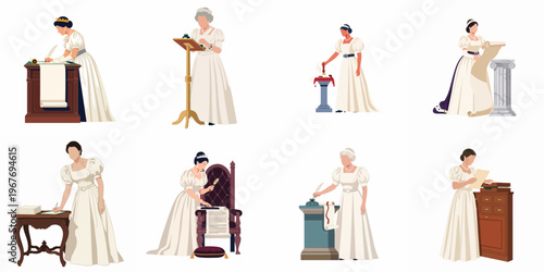 Vector illustration collection of royal women in regency era gowns writing letters, reading scrolls, and using wax seals in various historical scenes.