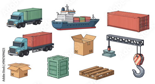 Cargo Logistics Icons: Ships, Trucks, Cranes, Containers, Boxes, Pallets Vector Art