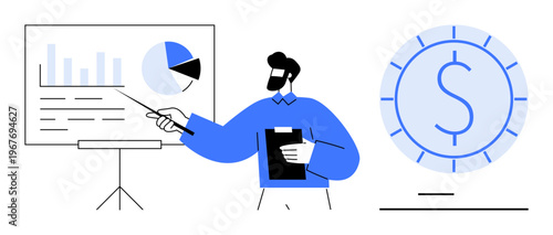 Business strategy, financial planning, data analytics, market research, education, teamwork. Person presenting charts and graphs, dollar symbol on display. Business strategy and financial planning