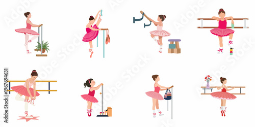 Set of flat illustrations featuring young girls in pink tutus practicing ballet exercises at the barre in a dance studio.