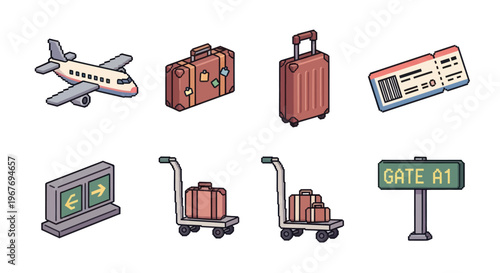 Airport icons set: airplane, luggage, ticket, gate sign, luggage cart