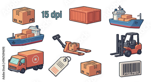 Shipping and Logistics Icons: Cargo Ship, Truck, Forklift, Box, Barcode
