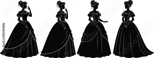 WebElegant black silhouette illustrations of women in ball gowns with puffed sleeves, full skirts, and graceful poses, perfect for fashion, costume, and design concepts