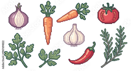 Pixel Art Vegetables and Herbs for Food  Culinary Themes