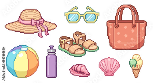 Pixel Art Beach Accessories: Hat, Sunglasses, Bag, Ball, Ice Cream