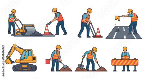 Construction Workers with Excavator, Roller, Tools, Roadwork, Flat Art