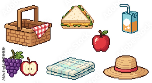 Food and leisure pixel art picnic set with basket sandwich fruit blanket and hat icons